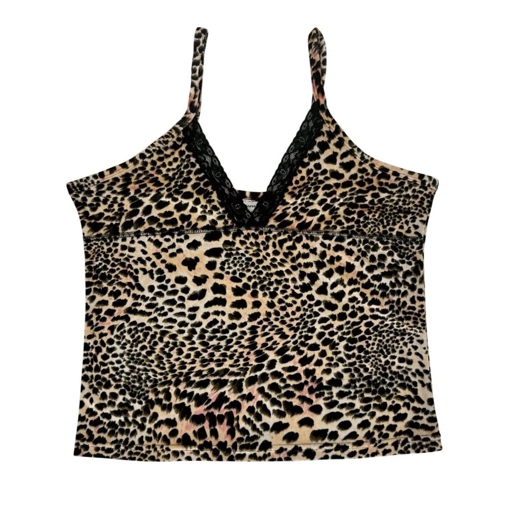Vintage Y2K Expressions Leopard Print Lace Trim V-Neck Camisole Top Late 90s M